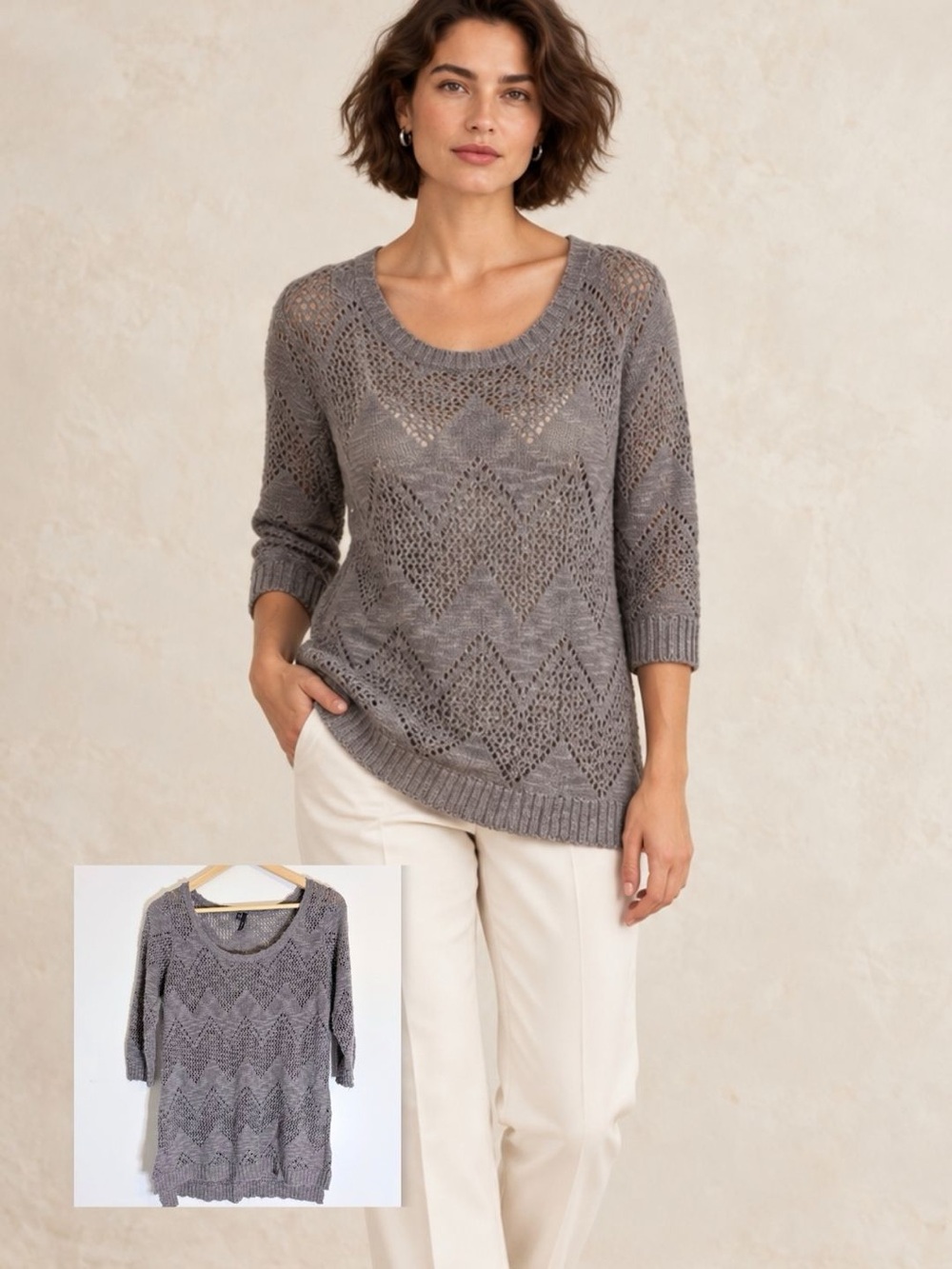 Taupe Grey Knit,  3/4 Sleeve Scoop Neck Top. Coastal Casual Vibes